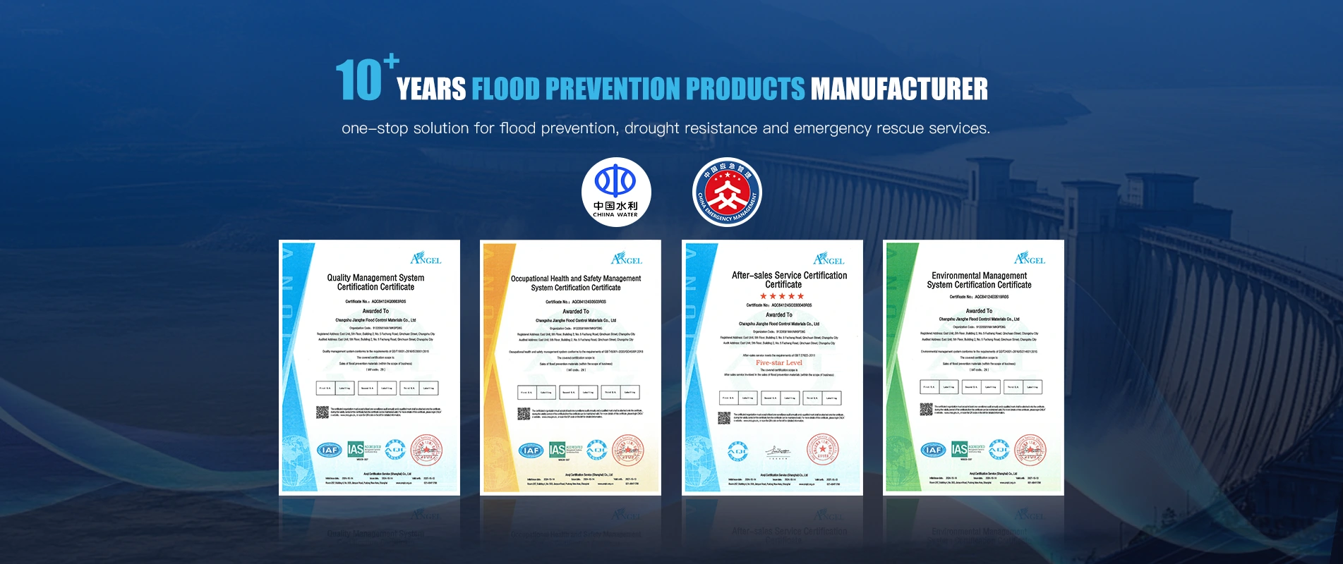 Jianghe plūdu novēršanas produkti ISO 9001 un ISO 14001 kvalitātes sertifikāti un sertifikāti